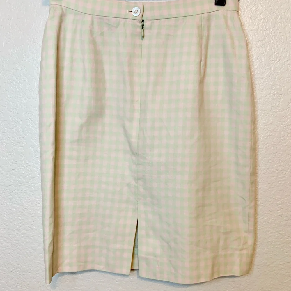 Burberry Pink & Green Gingham Check Pencil Midi Skirt Vintage Designer Size 6P